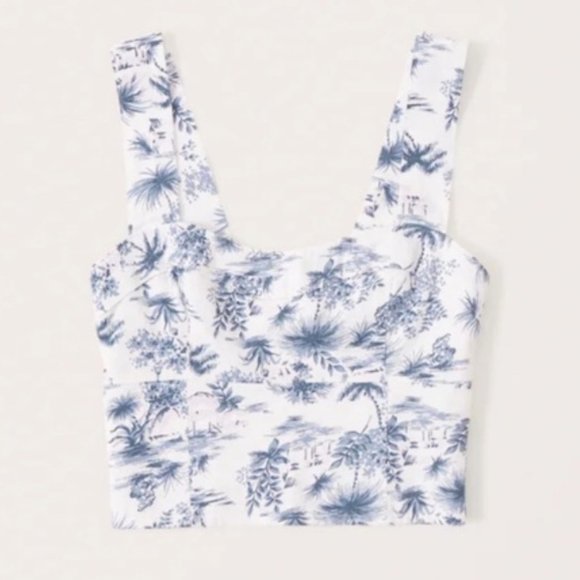 Abercrombie & Fitch Tops - Abercrombie Cropped Linen-Blend Corset Top in blue/white toile print Sz M